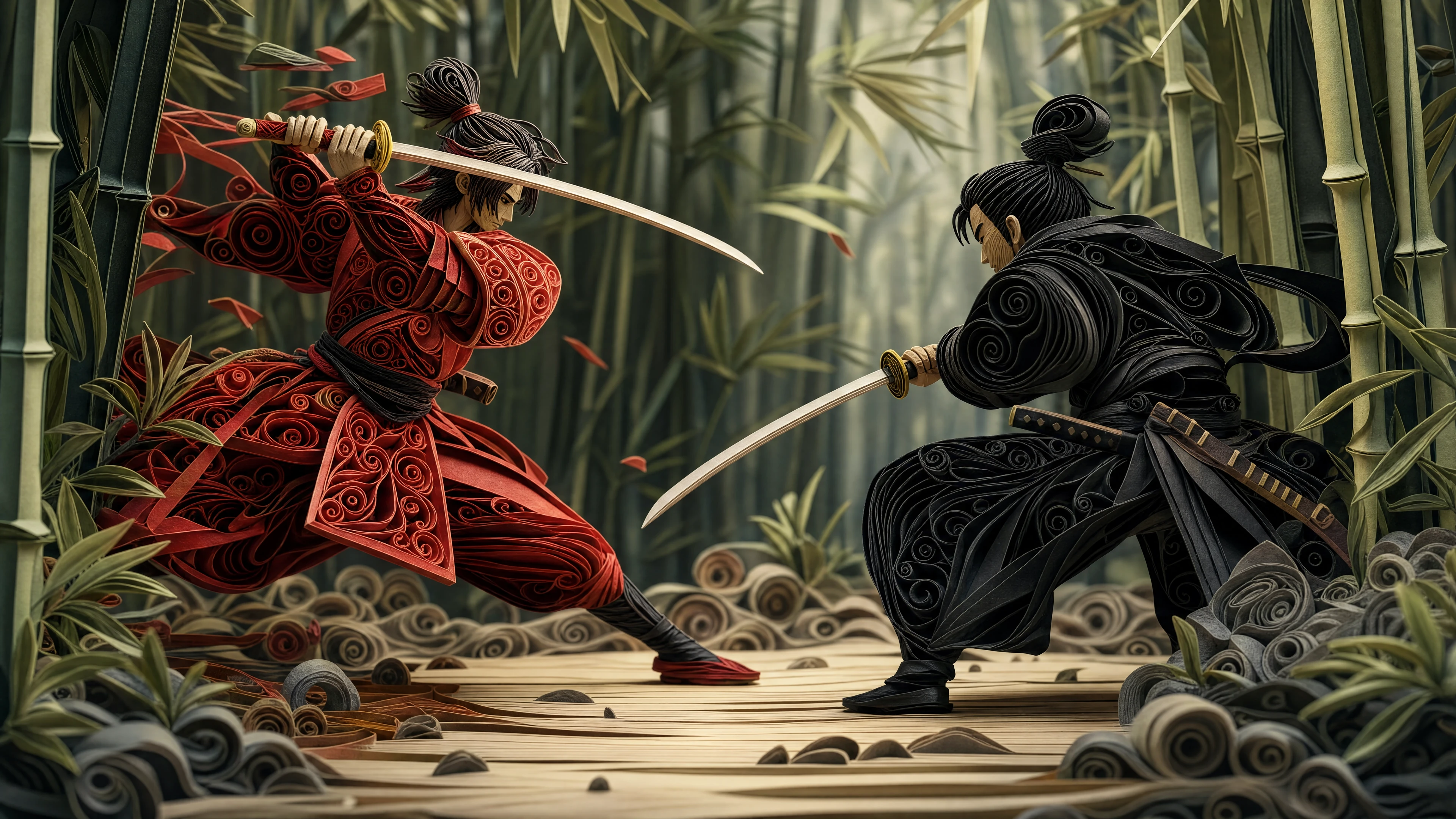 Dois samurais duelando em um bambuzal em estilo quilling de papel