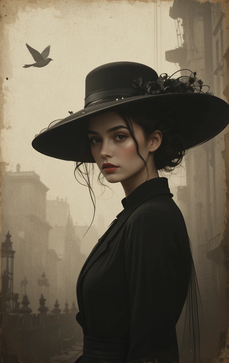 Mulher elegante de chapéu de abas largas com retrato vintage velado