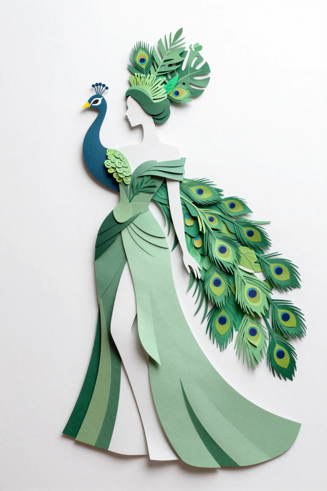 Ätherische Paper-Couture-Frau mit pfaueninspiriertem Kopfschmuck