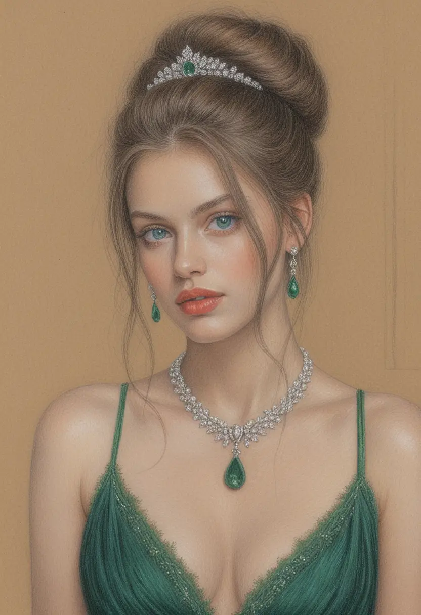 Elegant woman portrait in color pencil with jeweled tiara