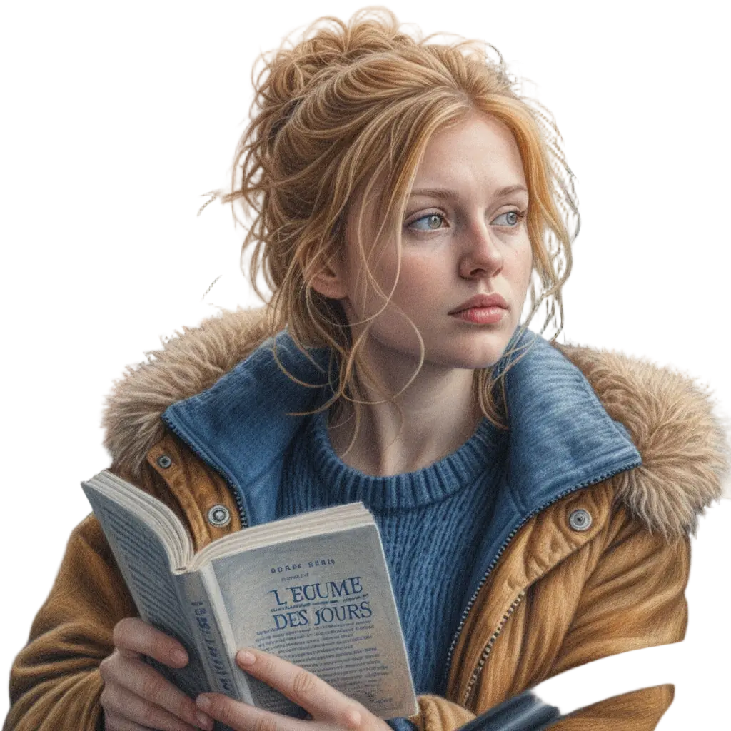 Young woman reading on a city tram in soft morning light