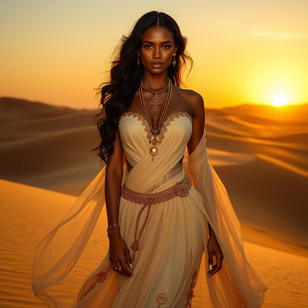 Desert goddess standing in golden dunes at sunset