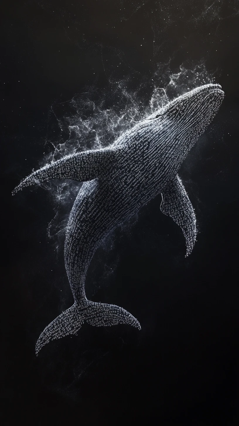 Baleia surreal emergindo de um oceano de marcas simbólicas