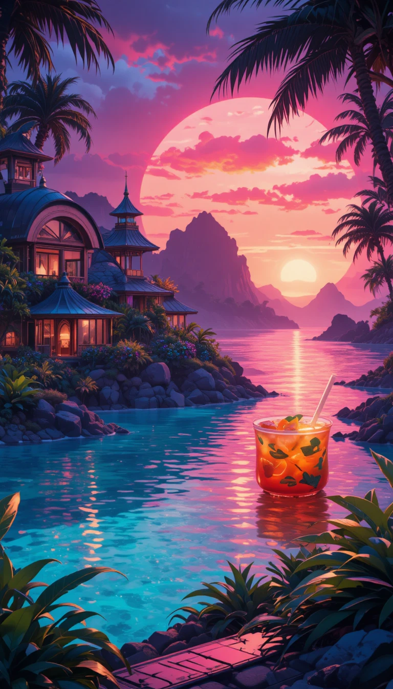 Mulher em estilo anime saboreando uma bebida em resort futurista de ilha com néon