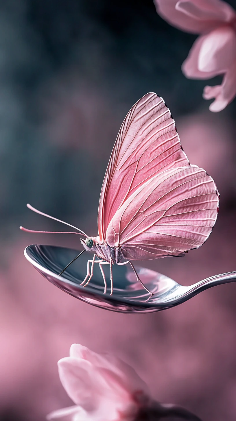 Pink butterfly resting on a shiny spoon in soft focus
