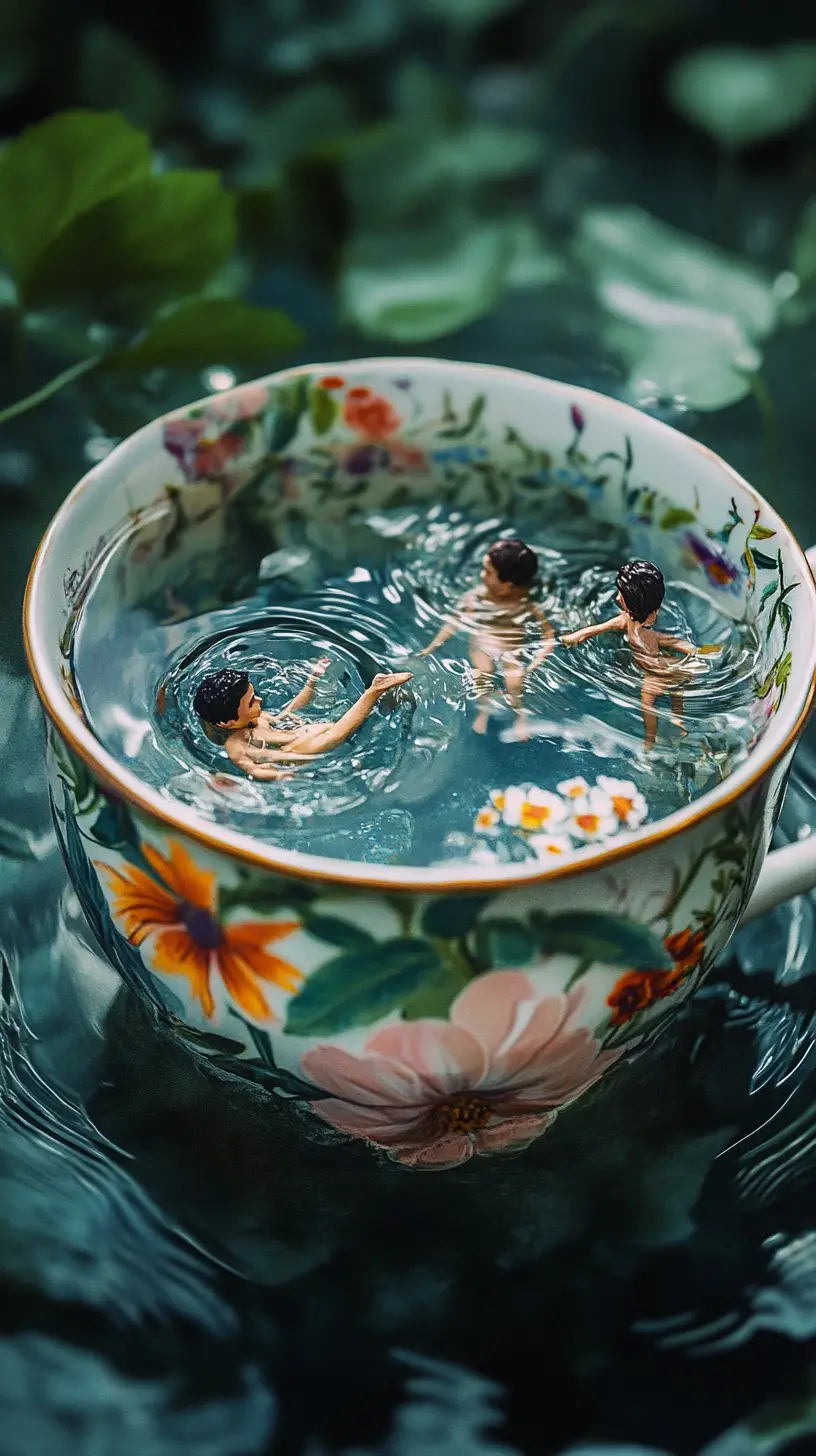 Giant Floral Teacup Pool With Tiny Swimmers In Macro View
