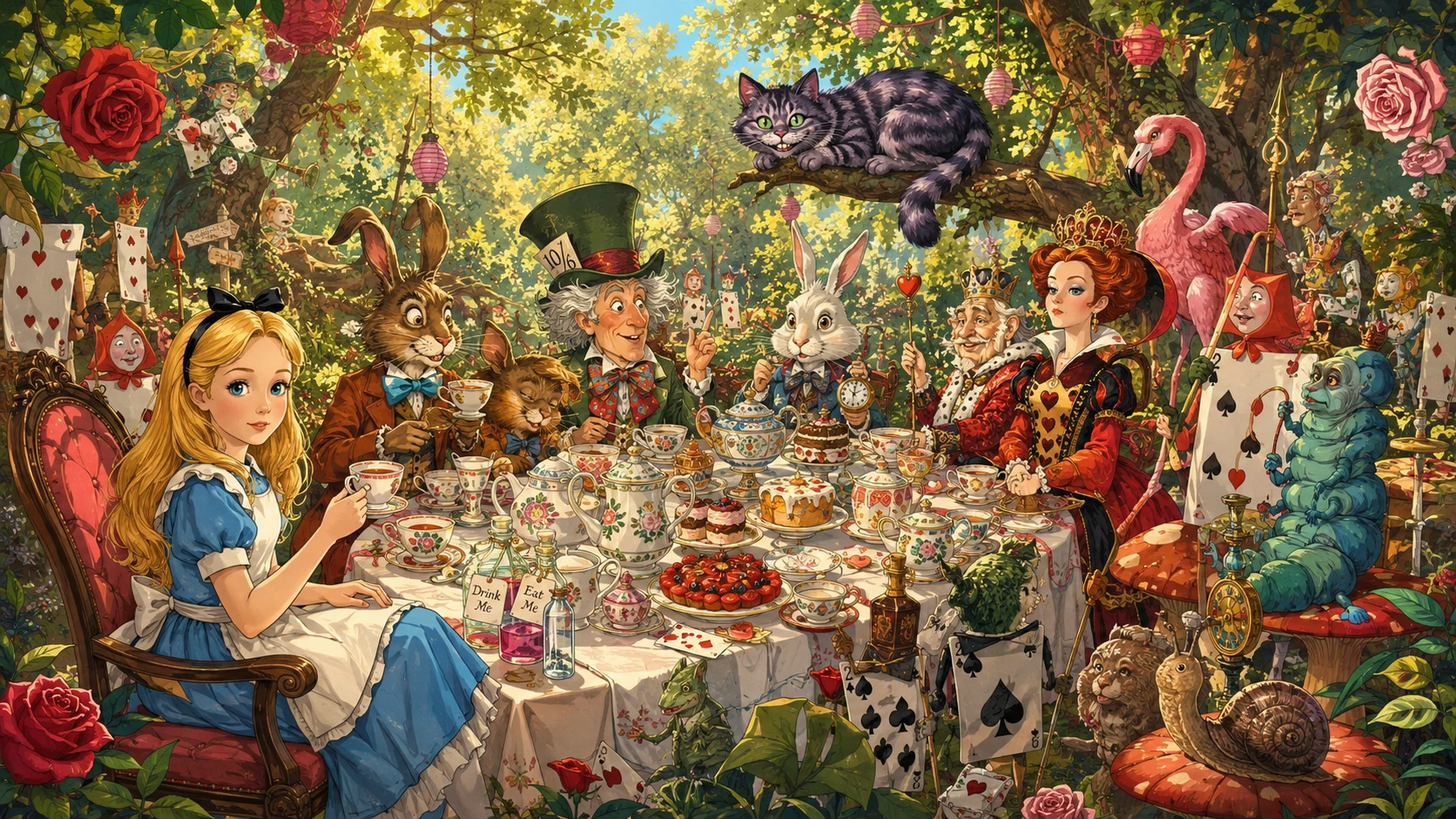 Personagens de Alice em um chá ensolarado na floresta encantada