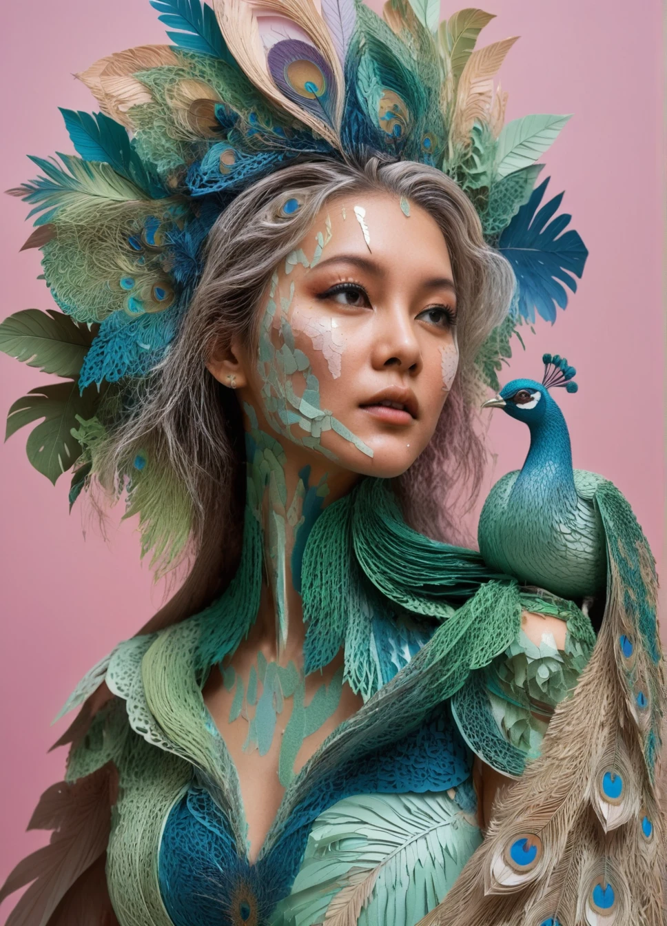 Ethereal woman in paper couture gown with peacock details
