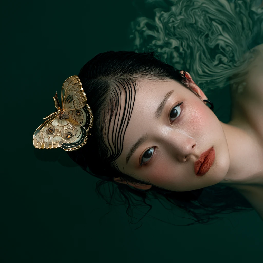 Retrato aéreo de uma mulher emergindo de uma água verde-escura
