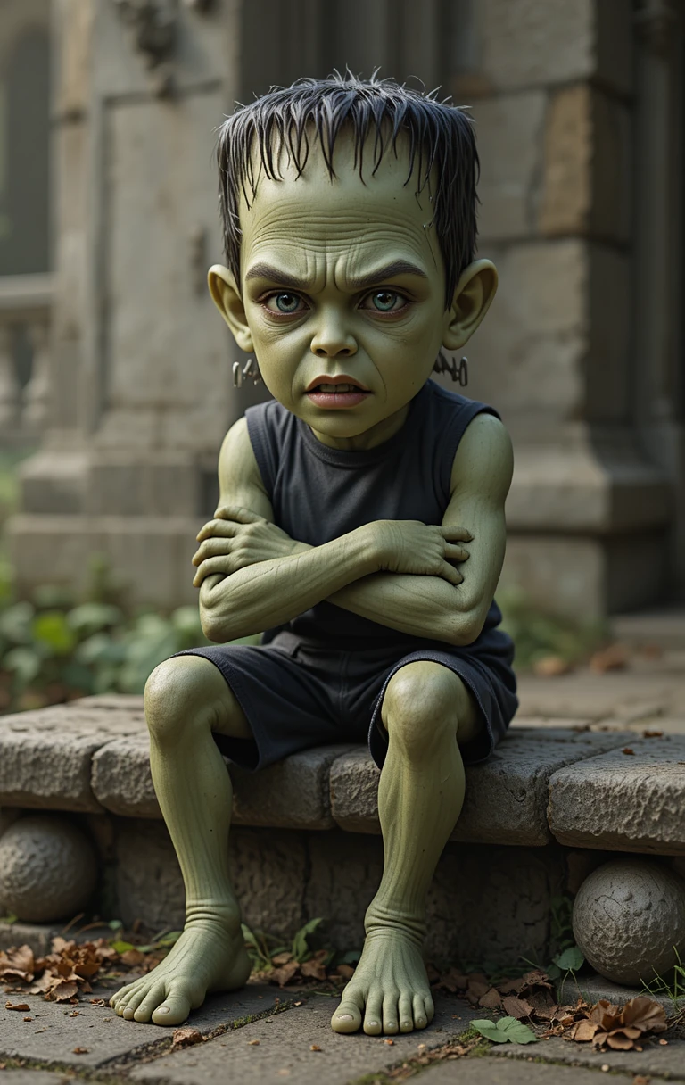 Joven monstruo de Frankenstein haciendo pucheros en un banco de piedra