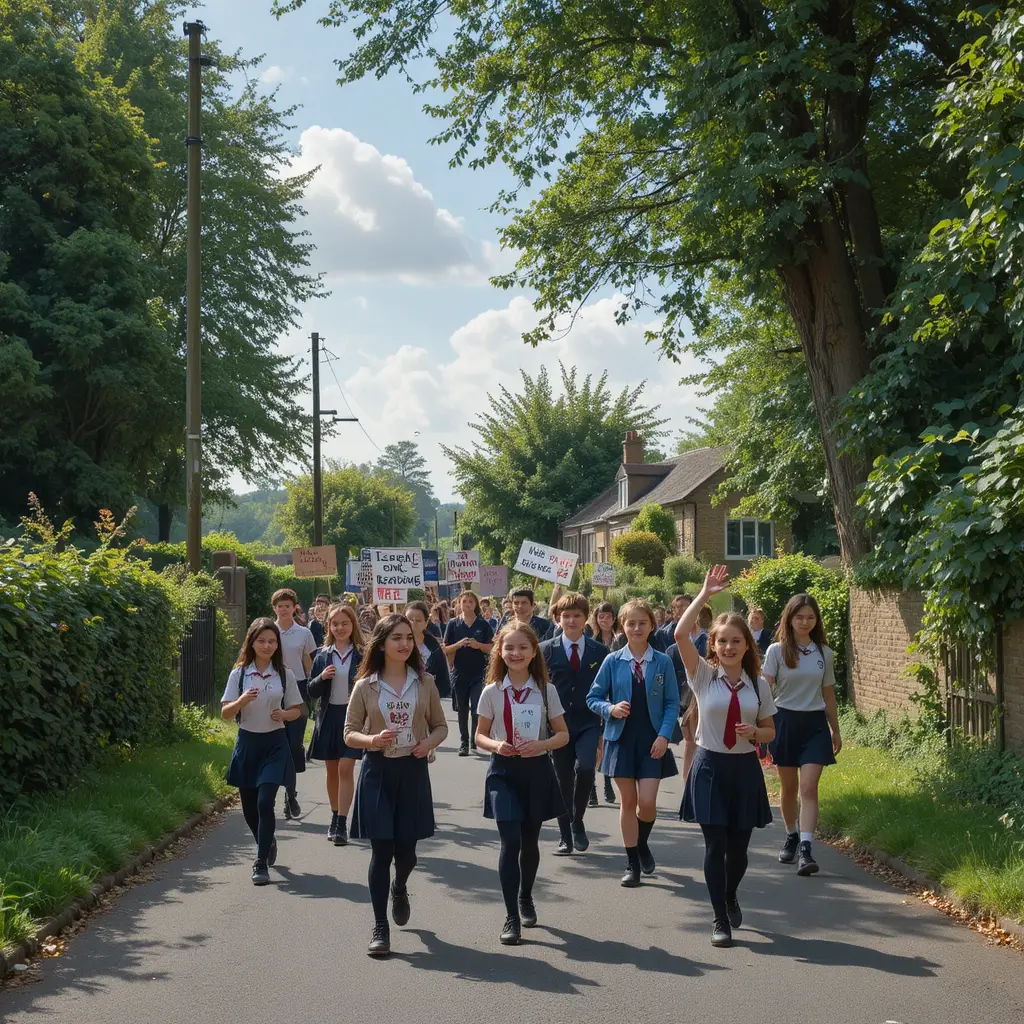 School children protesting along a sunny country lane