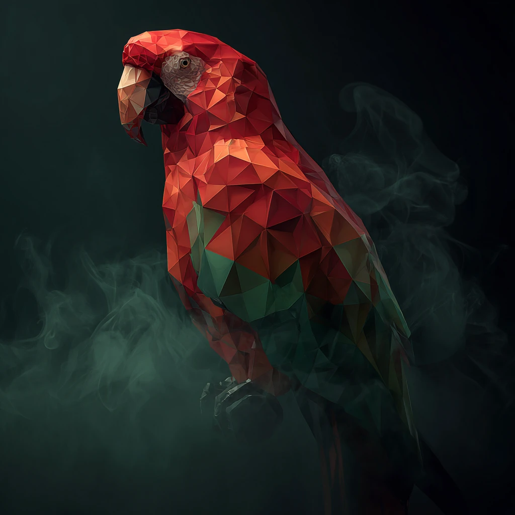 Papagaio vermelho low poly em cena atmosférica verde-esmeralda escura