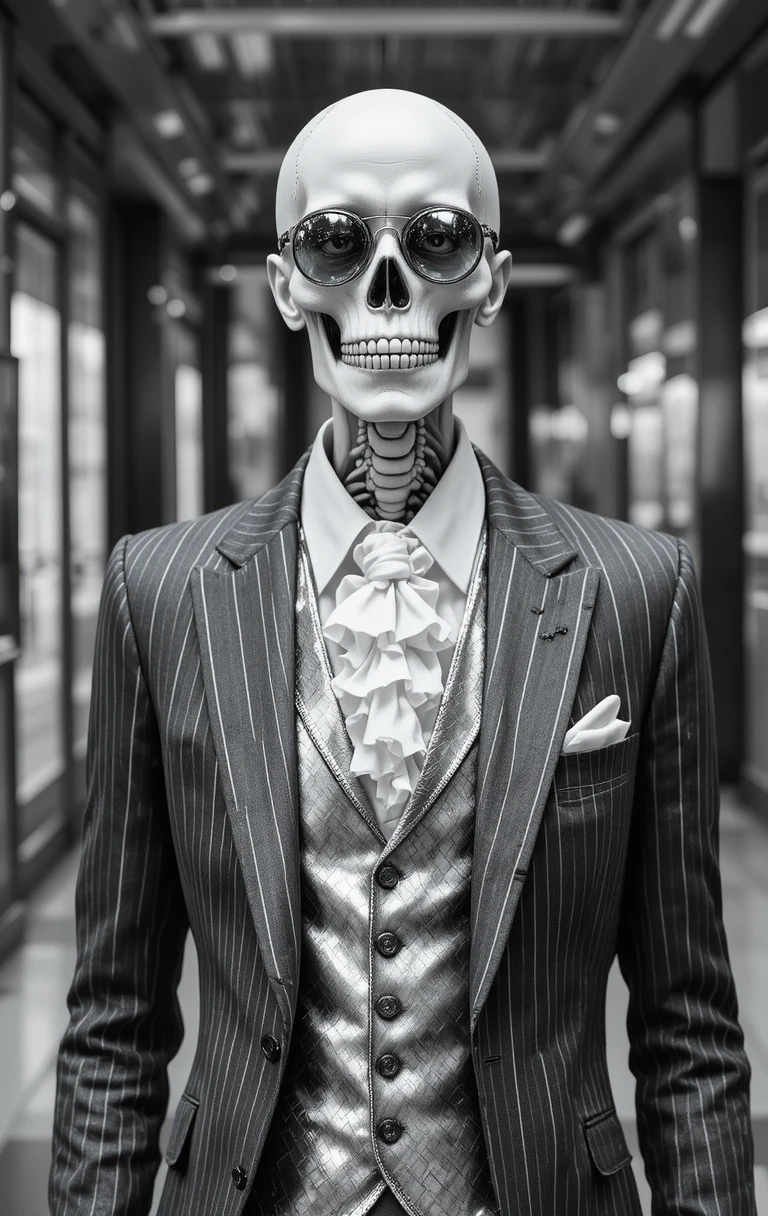 Stylisches Zombie-Skelett im anthrazitfarbenen Nadelstreifenanzug mit Brille