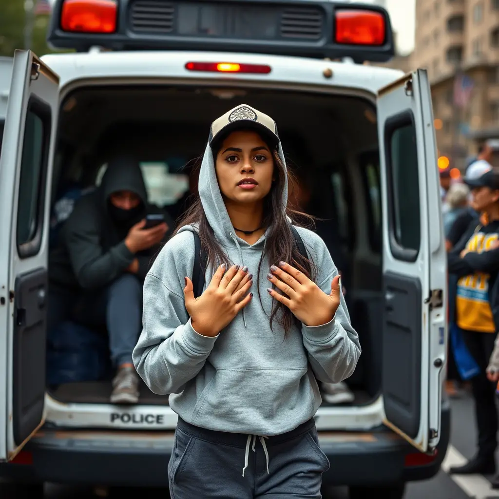 連帽外套女子直面行進中的警察車