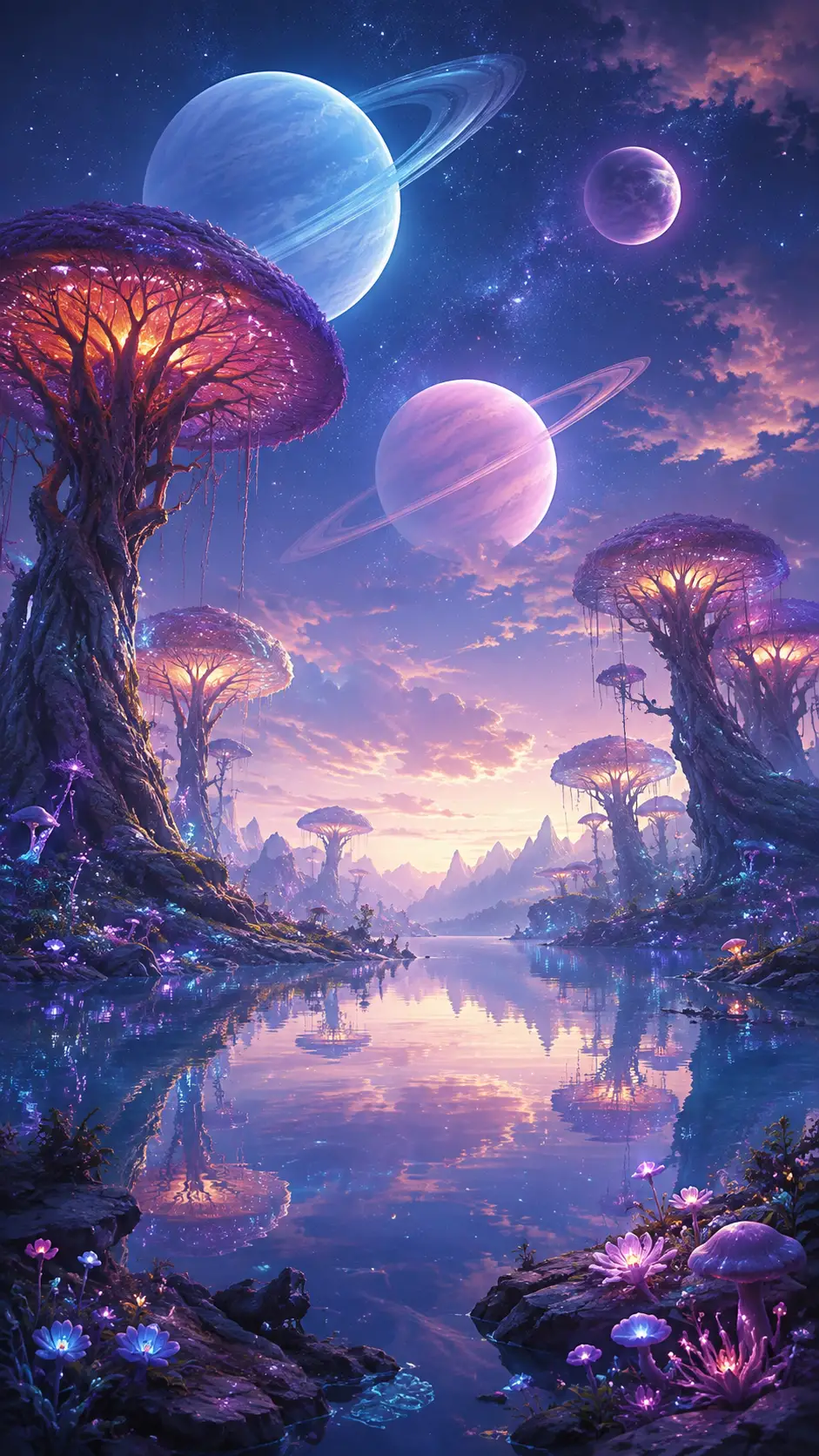 寧靜螢光湖畔倒映的外星行星景象