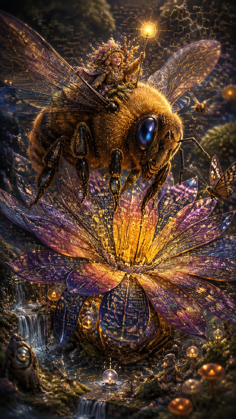 Zangão gigante pairando sobre um mundo de flores silvestres em vitral