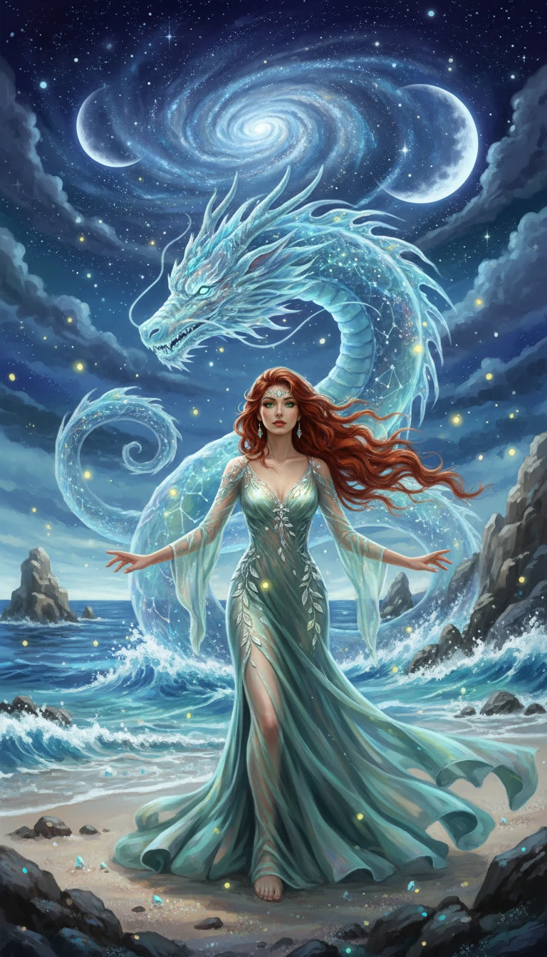 Rothaarige Frau an einem einsamen Strand in der Nacht