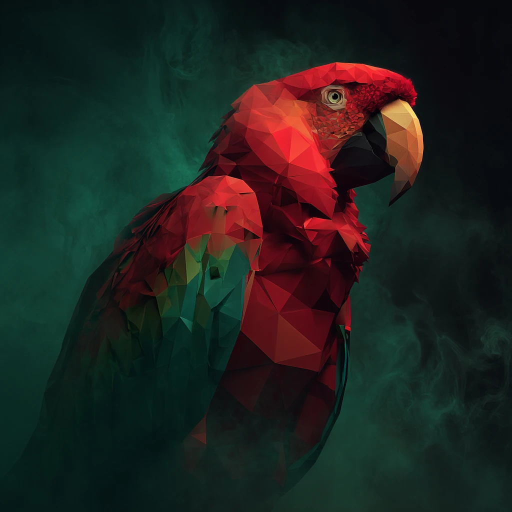 Papagaio vermelho low poly em atmosfera escura geométrica e esfumaçada