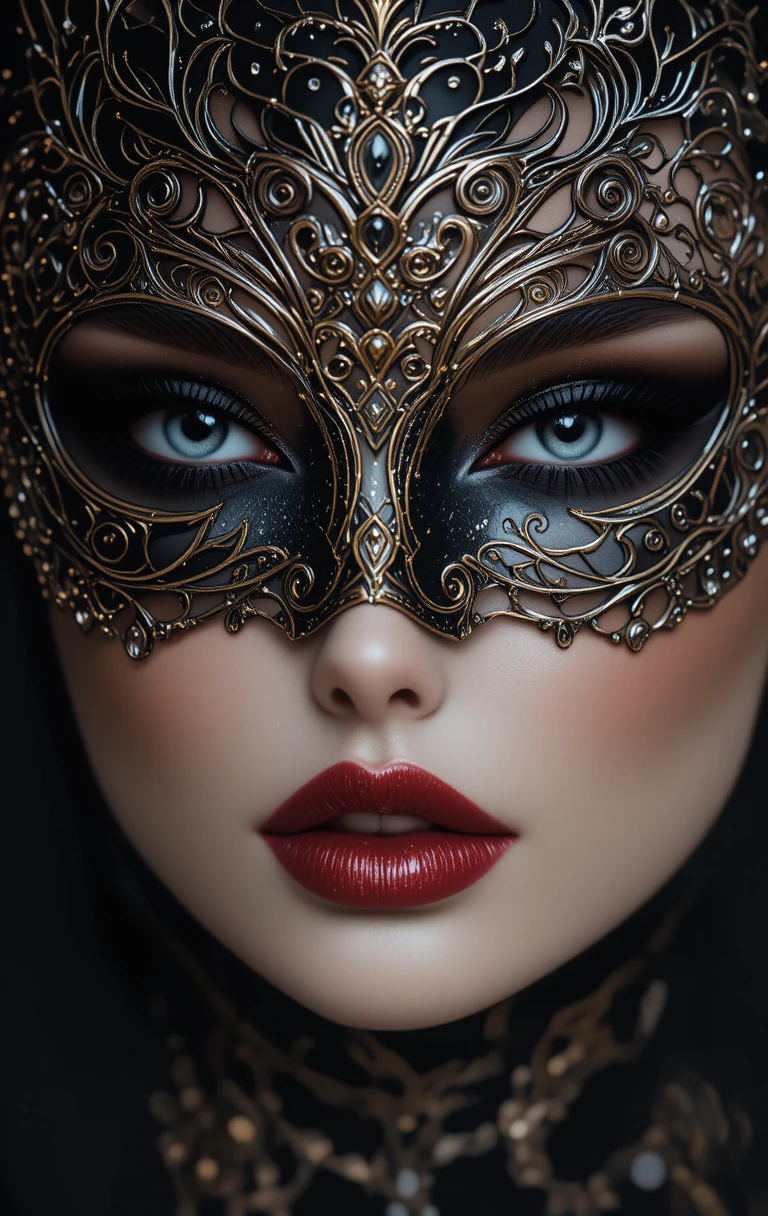 Close-up de mulher com máscara de baile ornamentada em preto e dourado