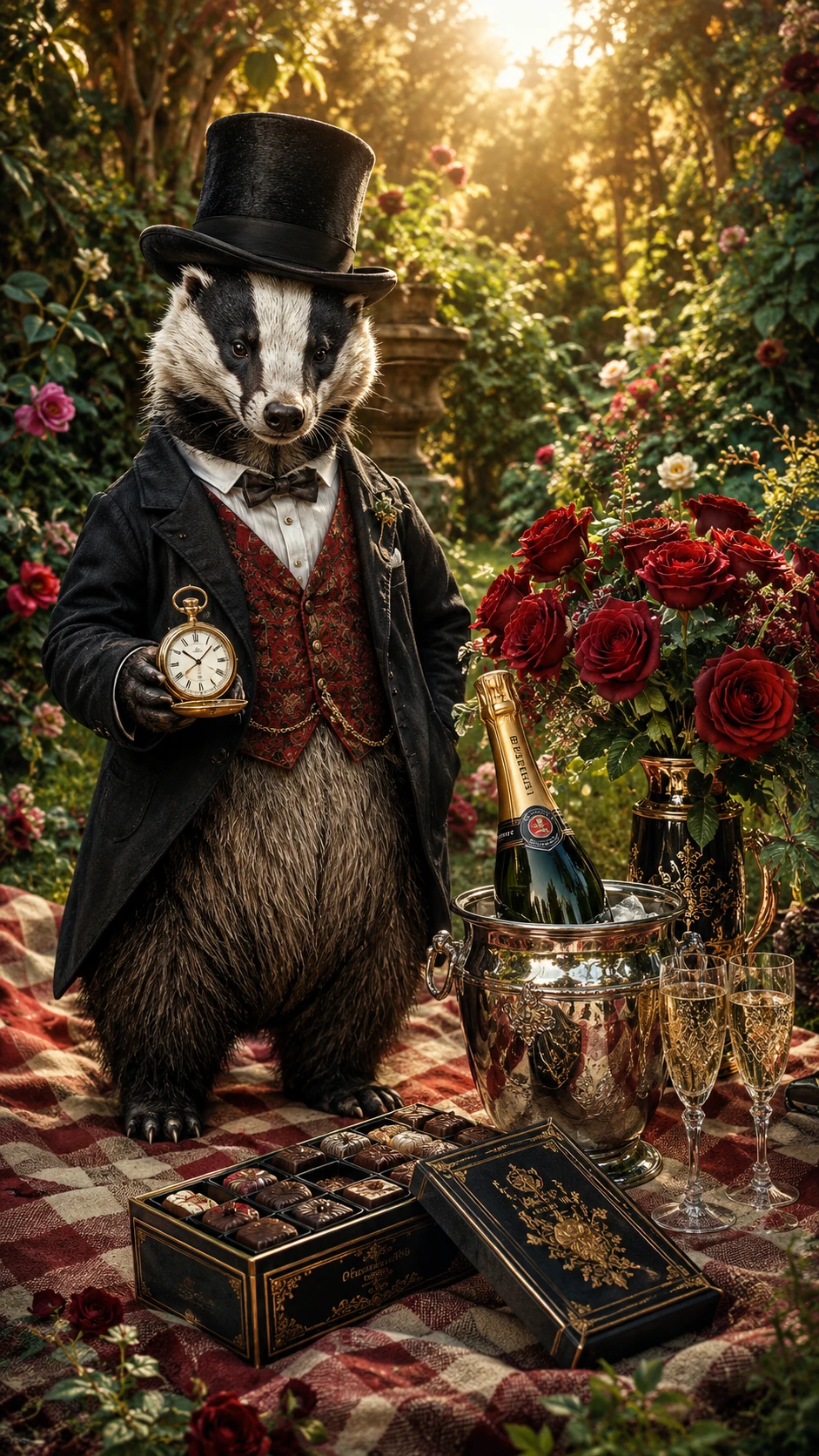 Texugo Elegante em um Romântico Piquenique com Champanhe no Jardim