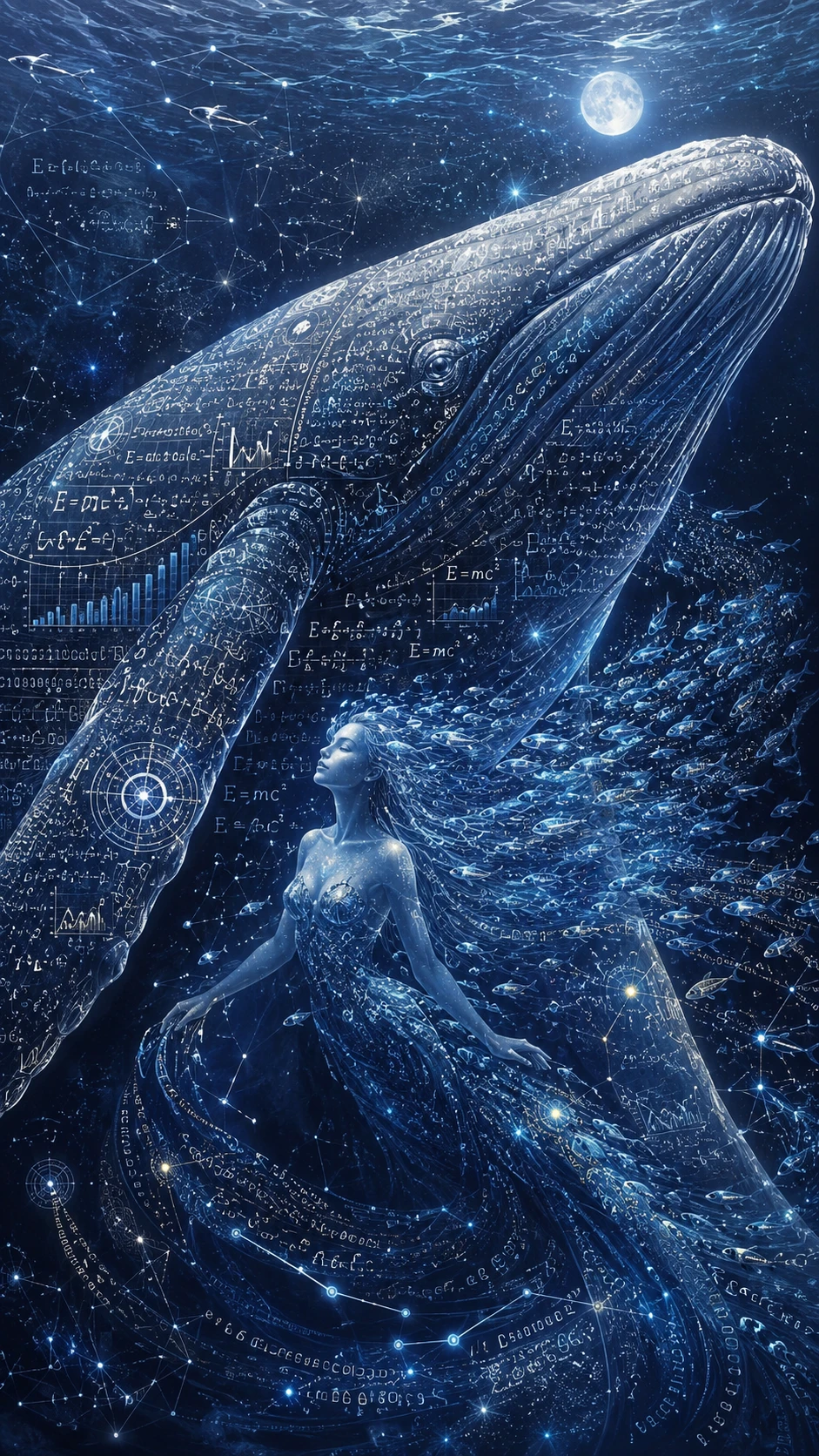 Humpback whale made of equations in a moonlit digital sea