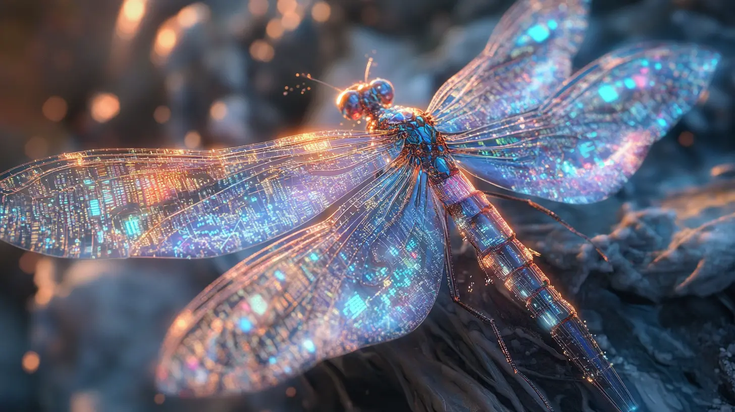 Makro-Fantasielibelle mit leuchtenden datenfüllten Flügeln