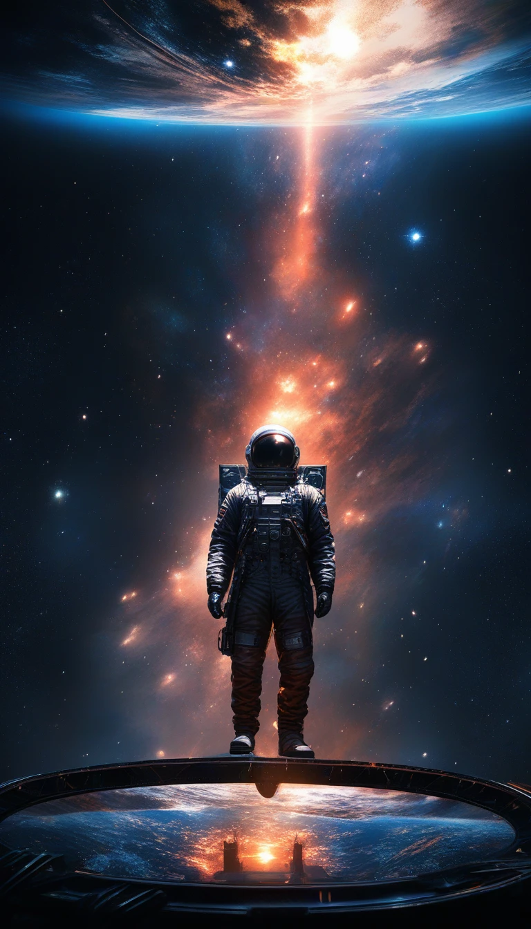 Astronaut auf schwebender Plattform über der Erde im tiefen Weltraum