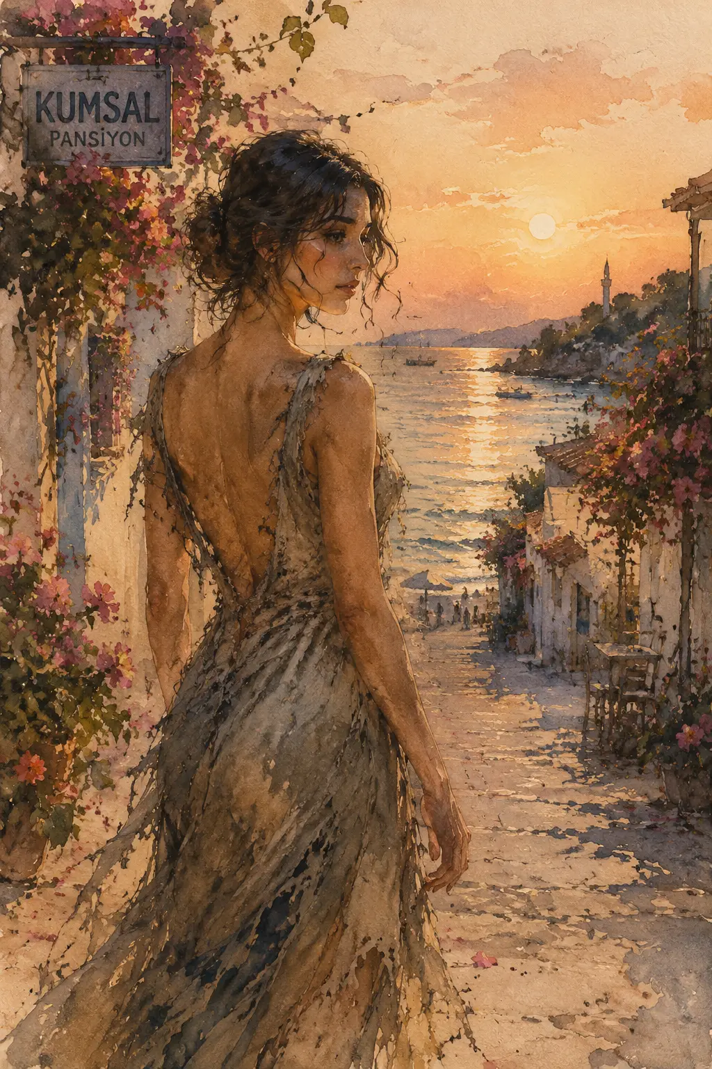 Young woman in tattered gown walking toward Turkish beach