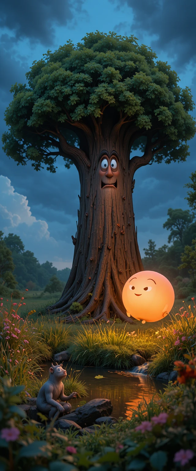 Carvalho e caniço enfrentando o vento tempestuoso em estilo Pixar
