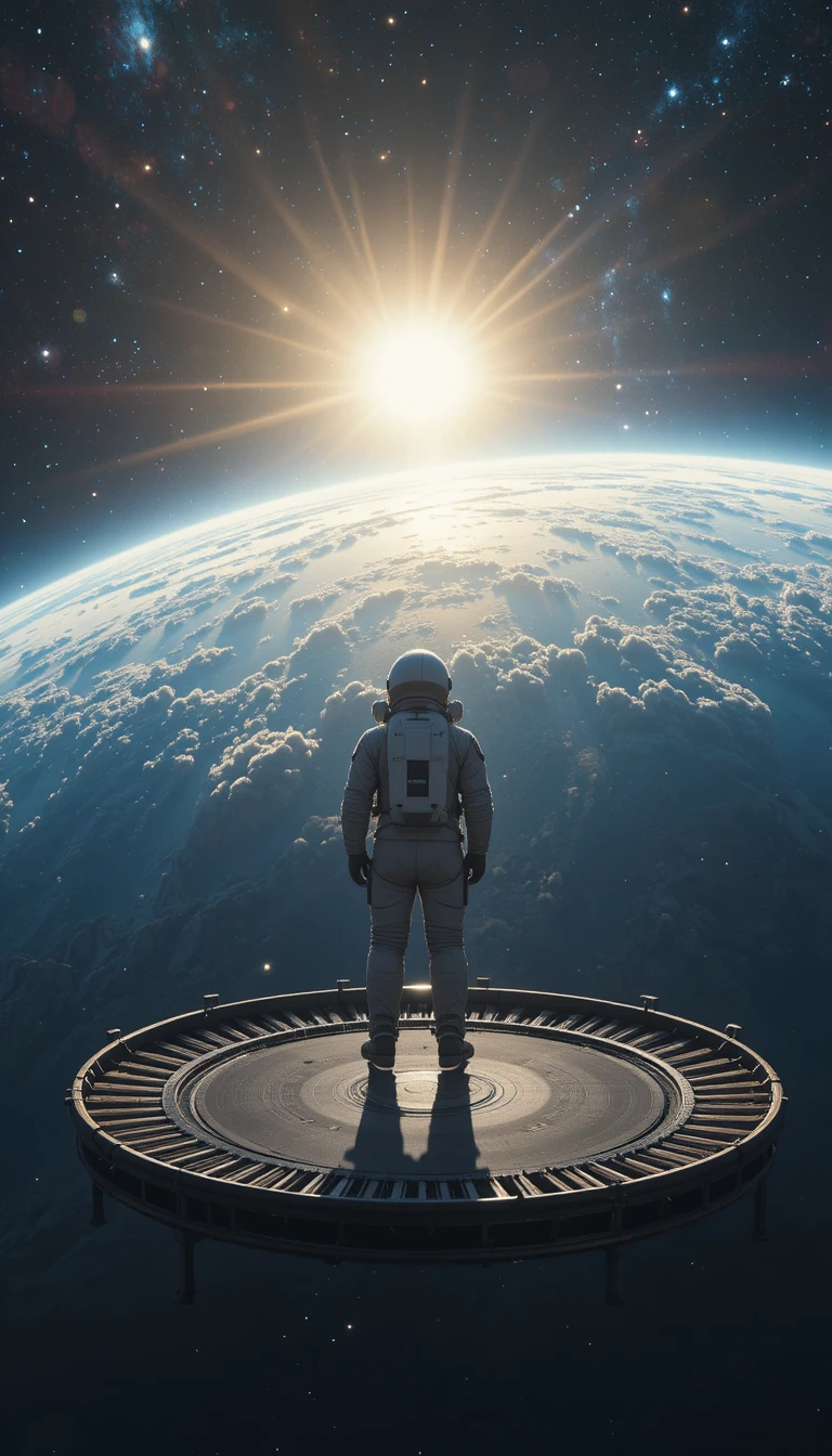 Astronauta su piattaforma fluttuante sopra la Terra nello spazio profondo