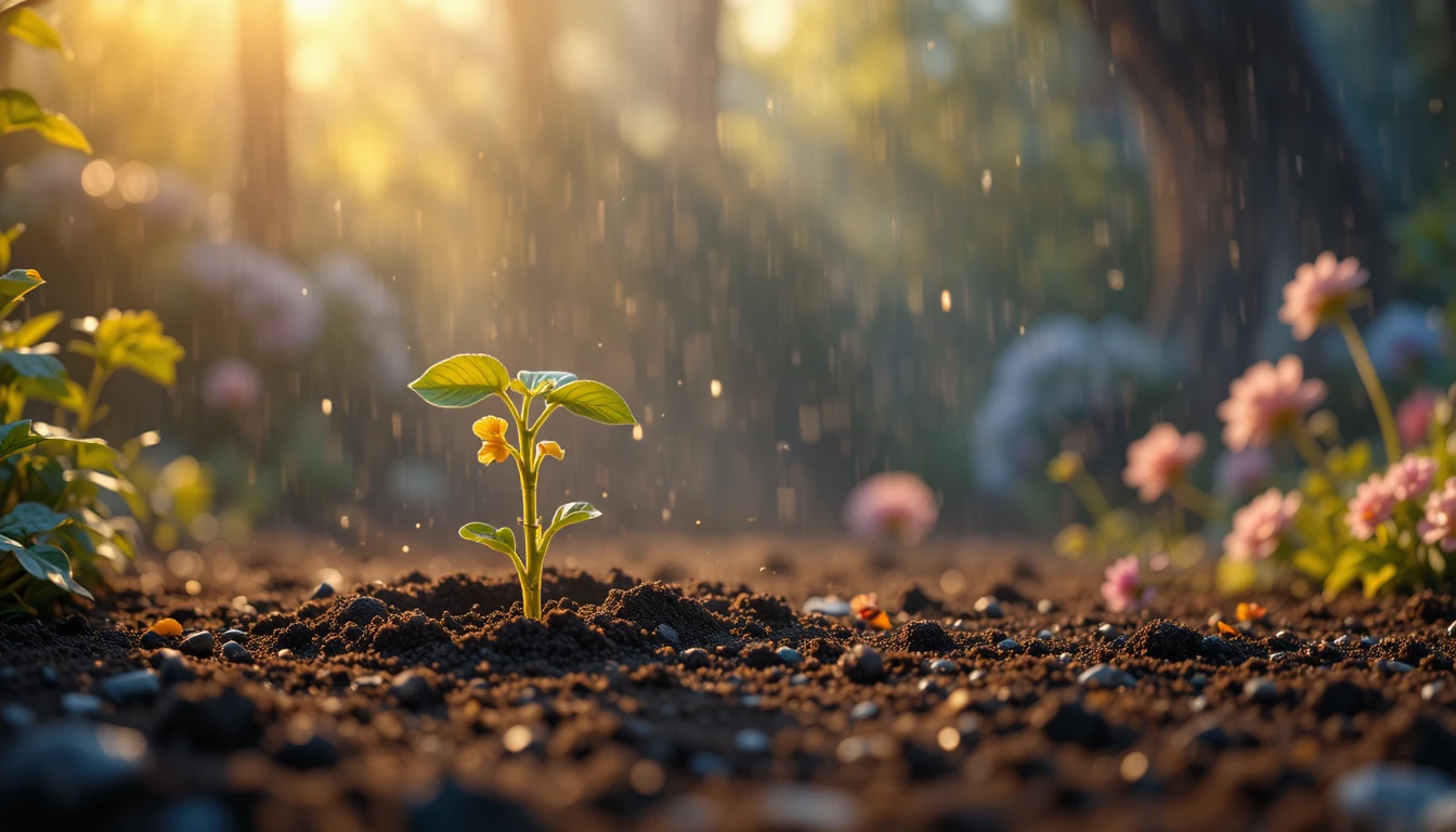 Magica piantina che si risveglia sotto il caldo terriccio dorato del giardino