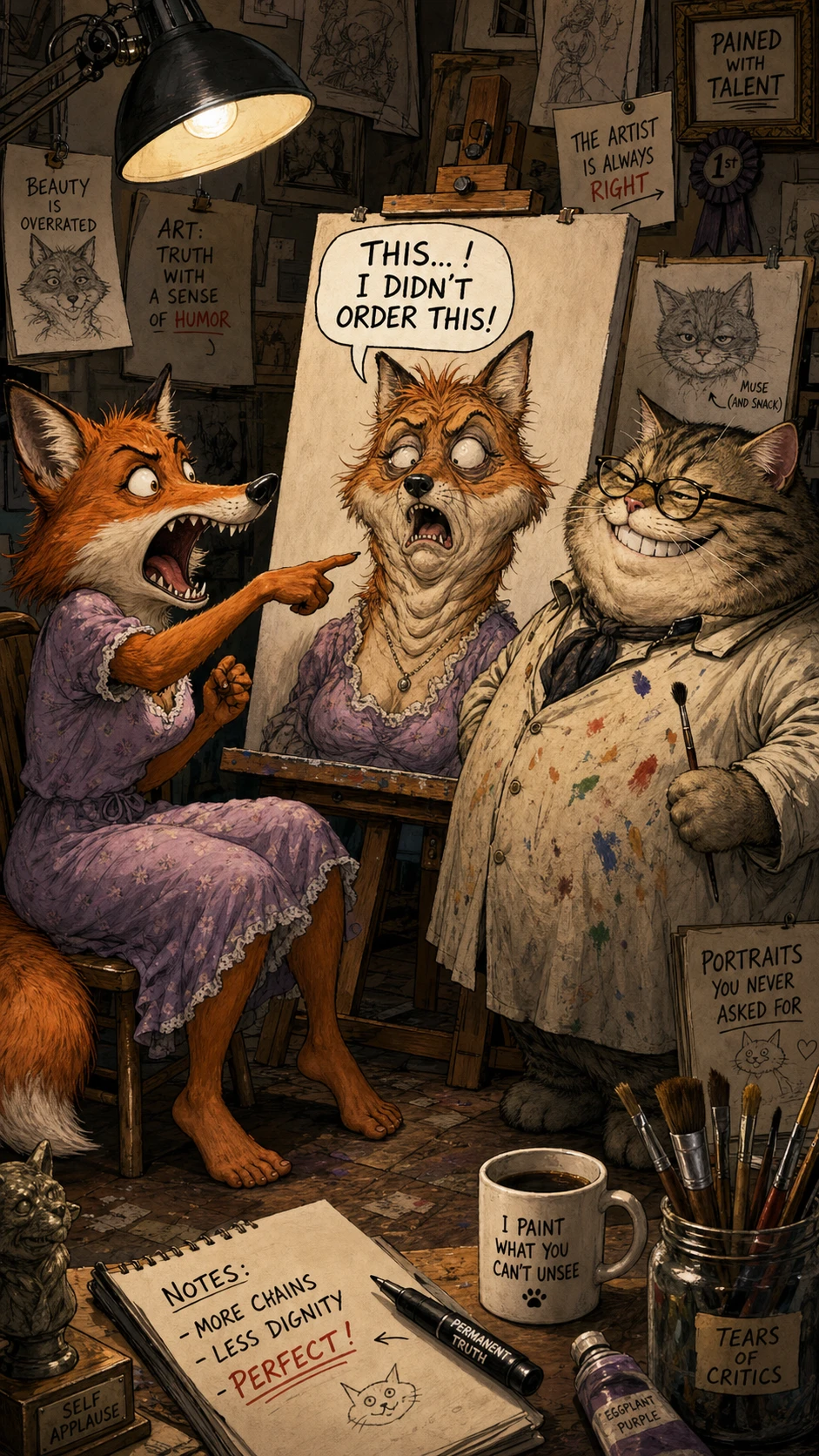 Renard choqué par une caricature dans un atelier d’art satirique