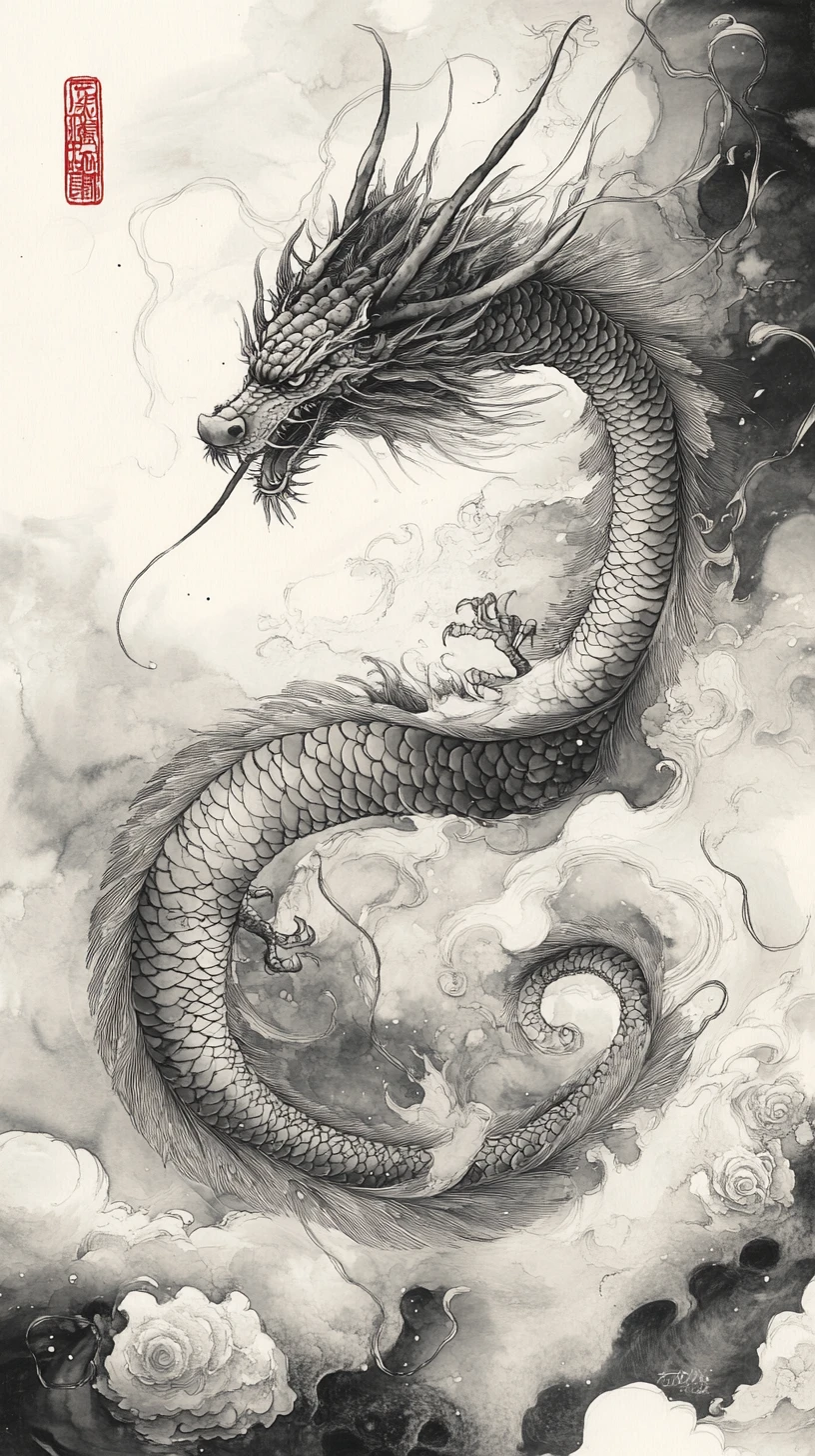 Dragão celestial em espiral entre nuvens em aquarela e tinta