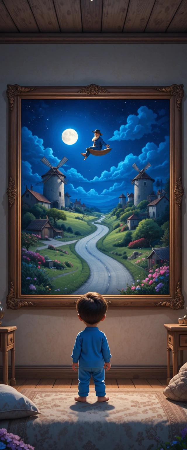 Menino de pijama diante de uma pintura mágica ao luar