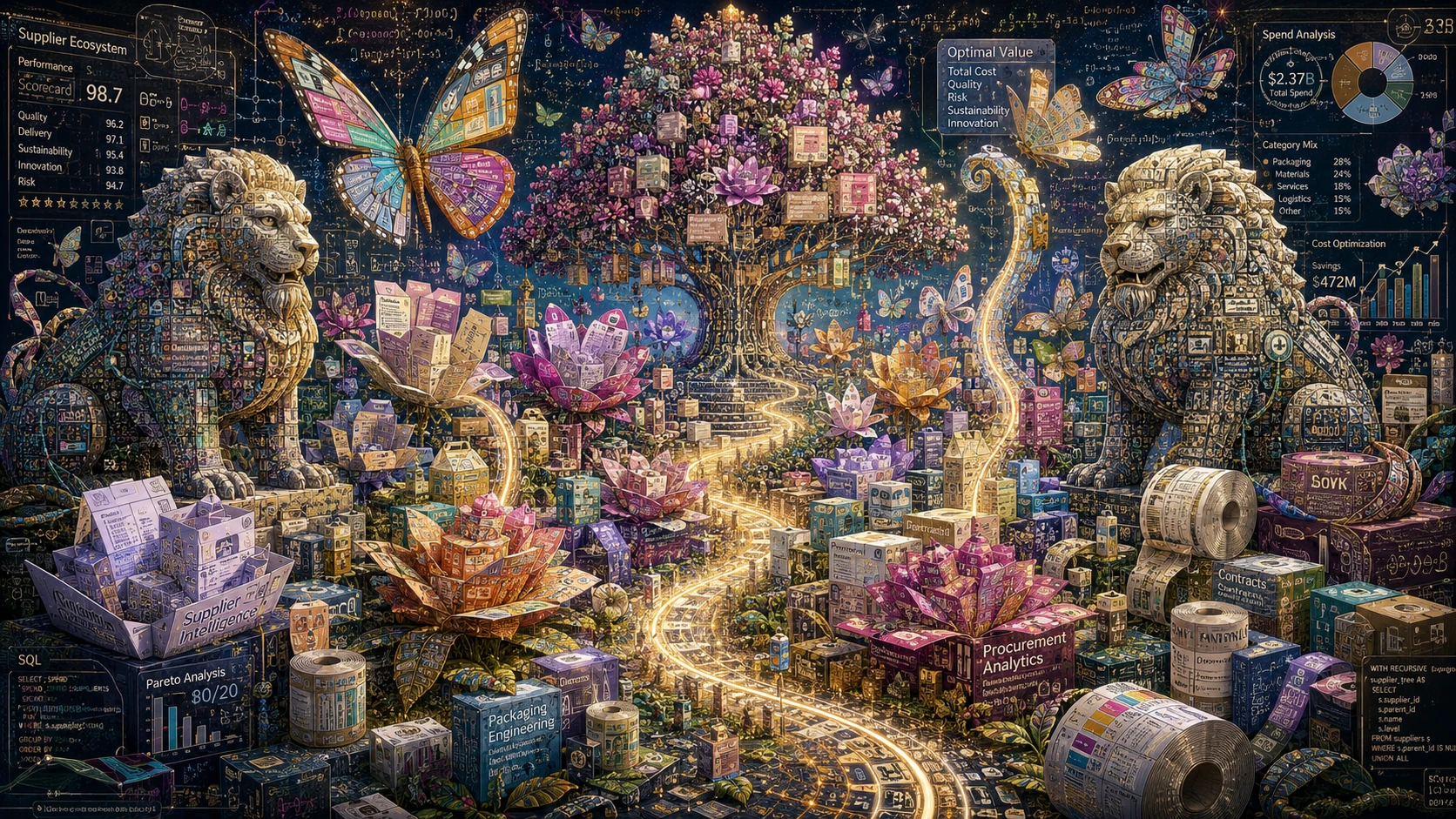 Jardin surréaliste d’emballages en fleurs dans un paysage fantastique cinématographique