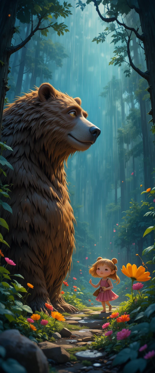 Brown bear and woodland flower in a rainy pixar style forest