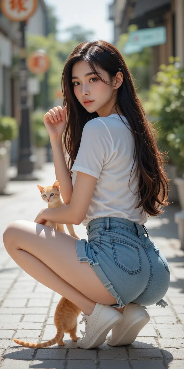 Young woman petting orange cat on sunny city street