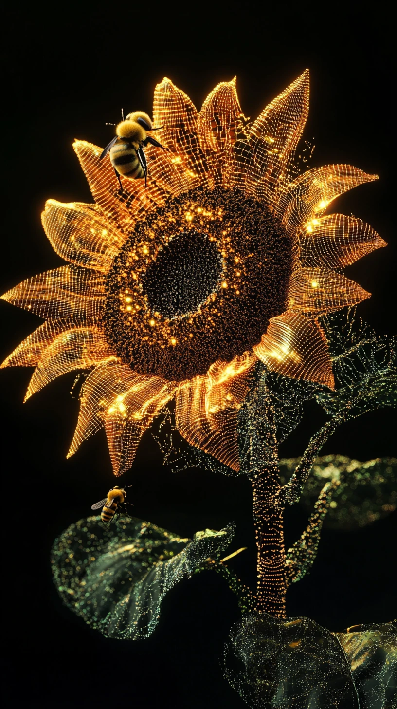 Girasole digitale di flussi di dati con bombo su sfondo nero
