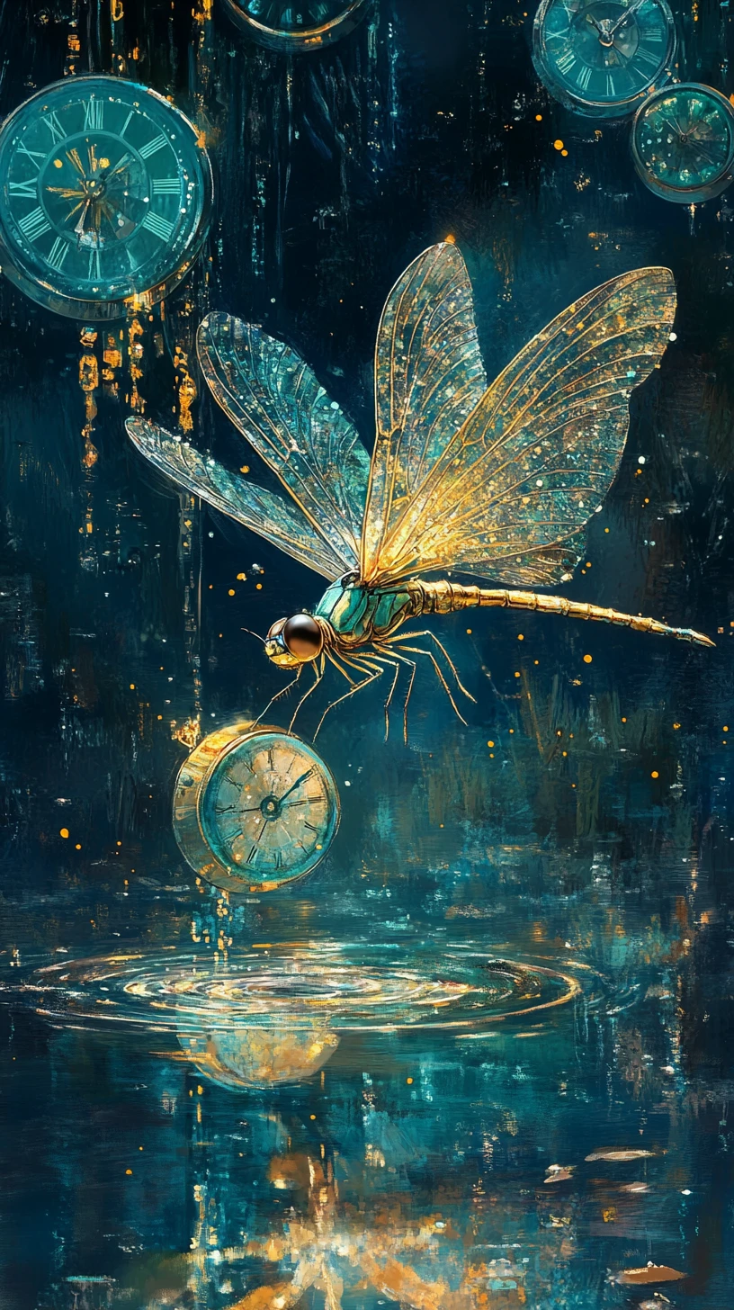 Libellule filant entre des horloges de cristal flottantes au-dessus du lac
