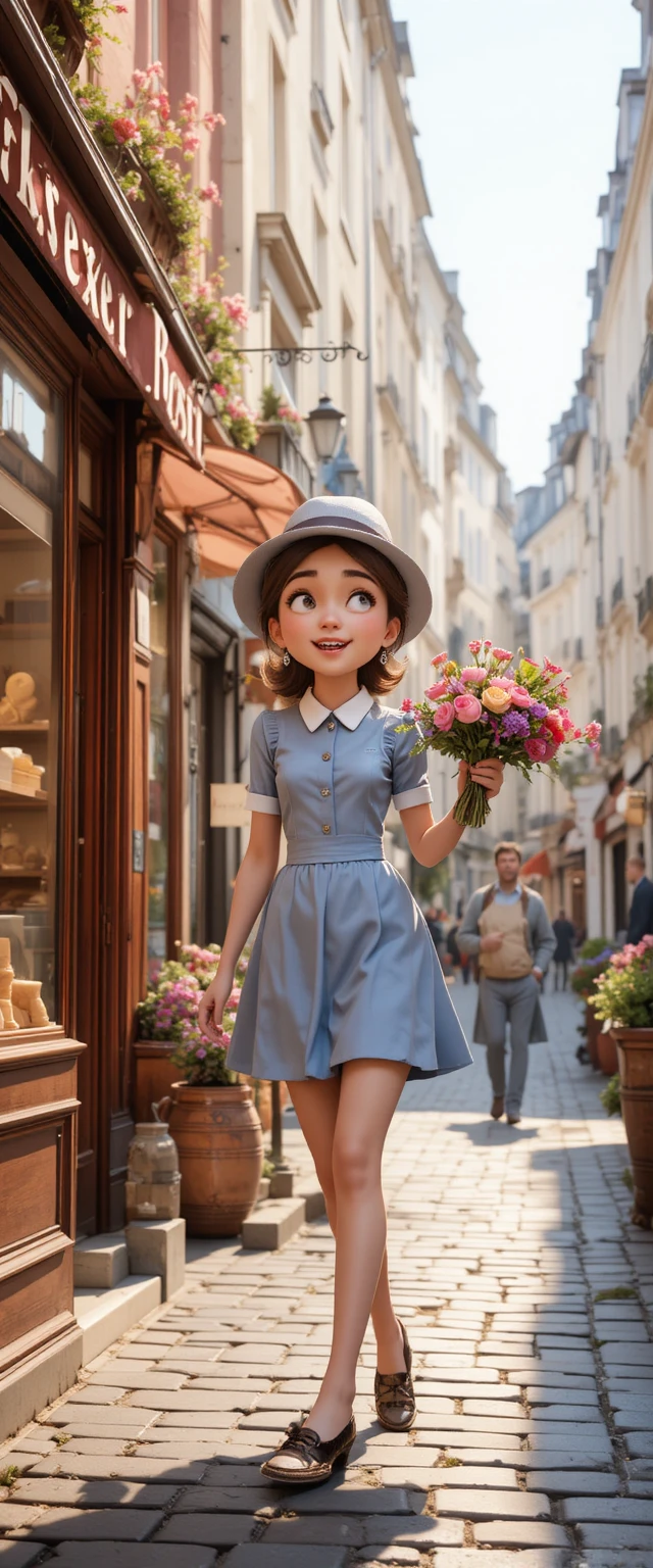 Mädchen im Pixar-Stil geht entschlossen auf eine bunte Stadtstraße zu