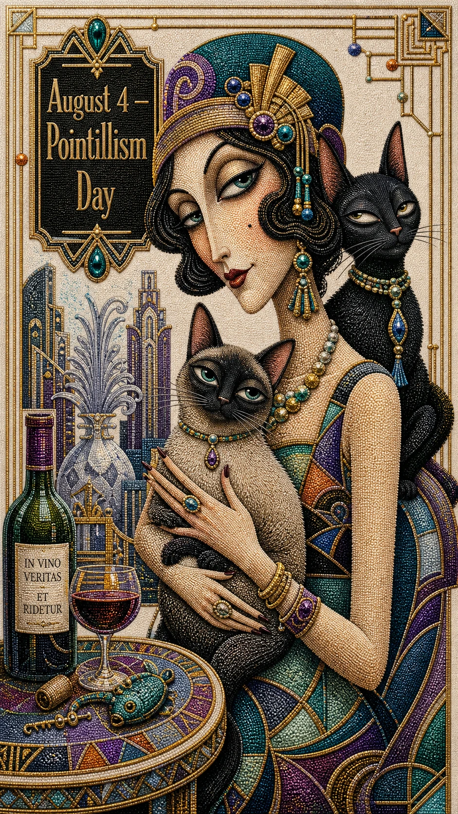 Mysterious woman with dark cat in art deco pointillism
