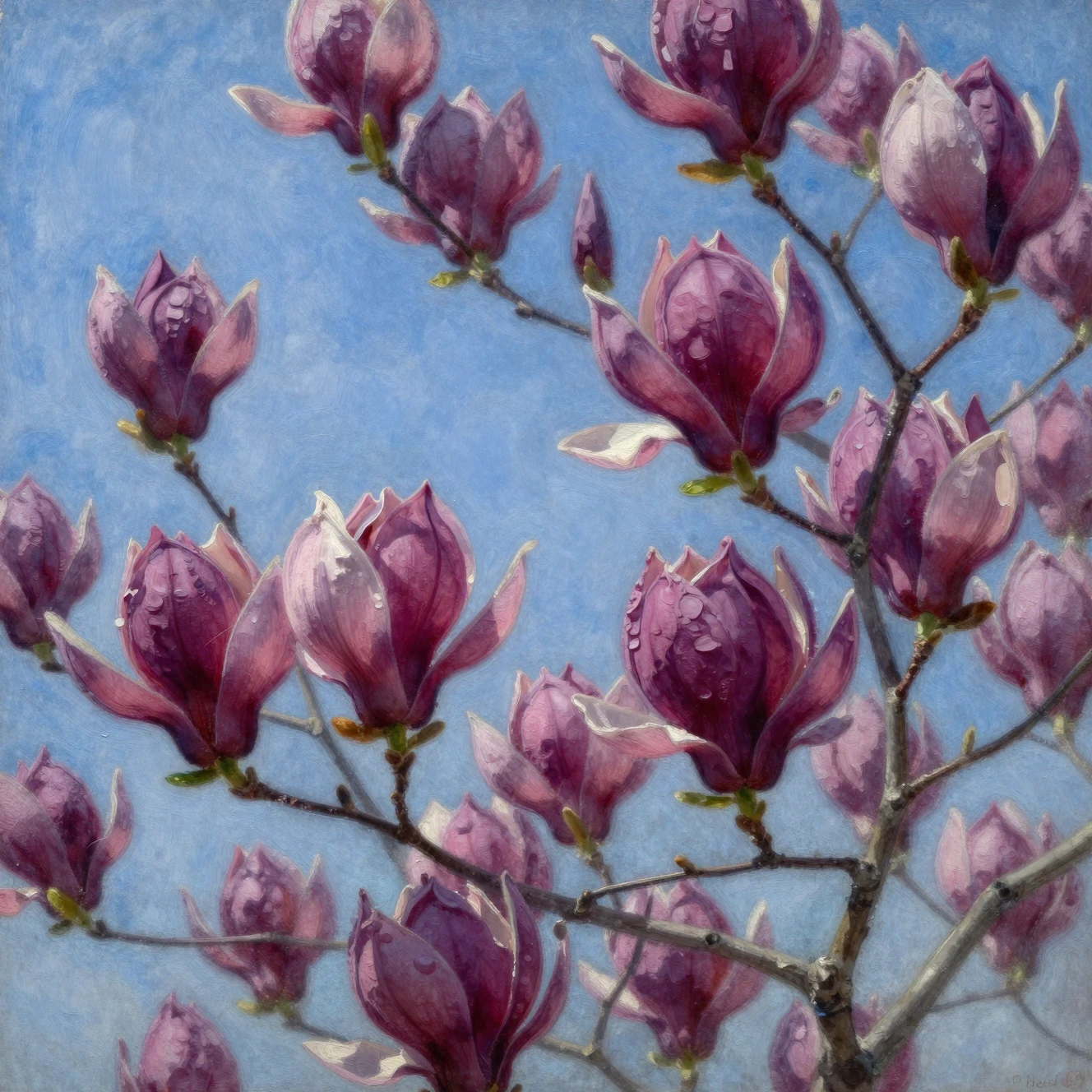 Flores de magnólia fúcsia pintadas contra um céu azul brilhante