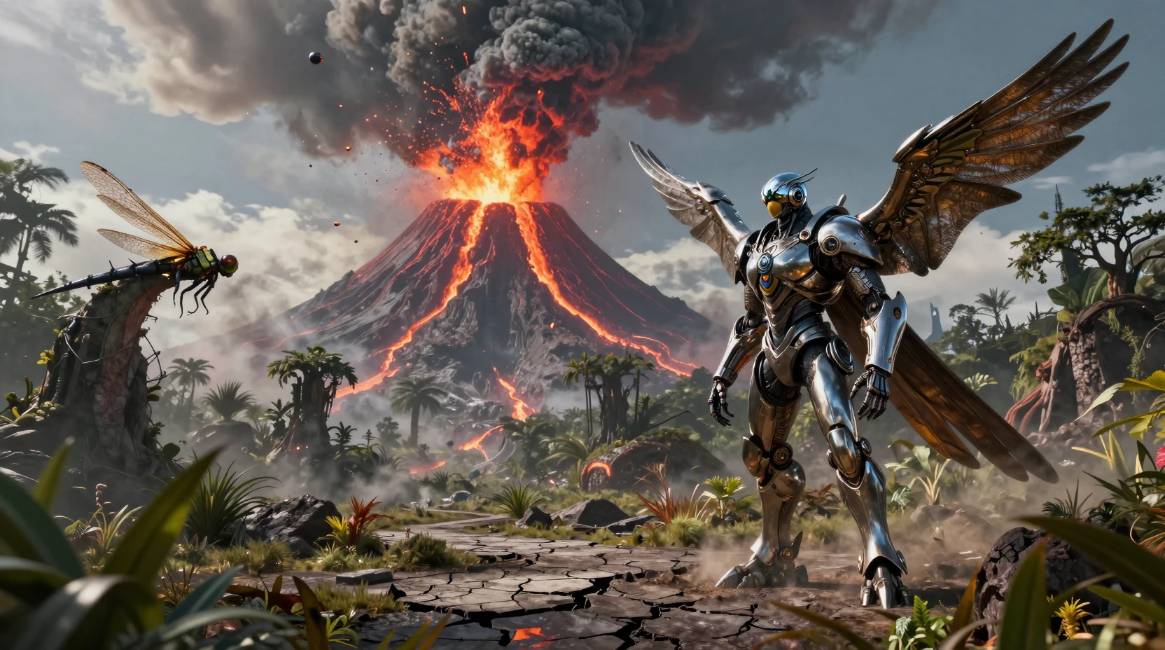 Plano amplo cinematográfico de mechas sobre um supervulcão em erupção