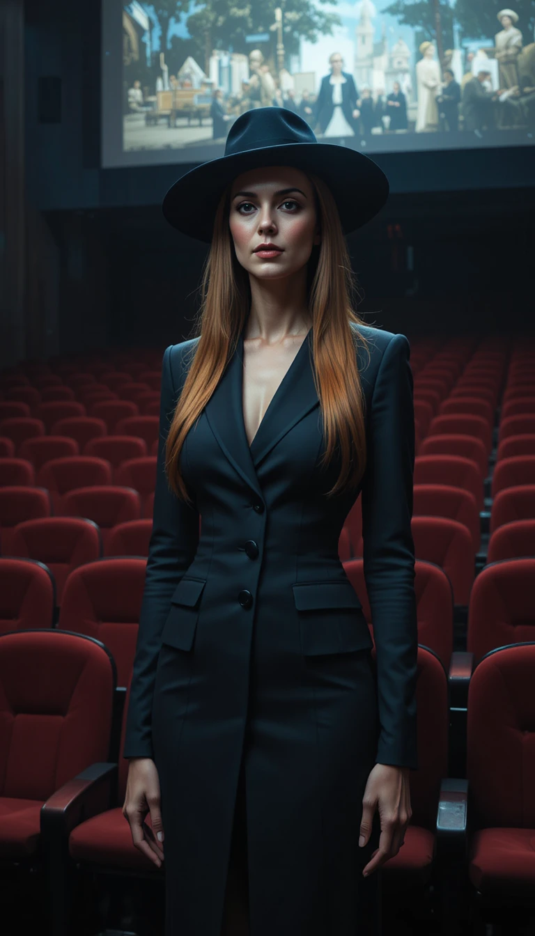 Mujer elegante de pie sola en un cine tenue