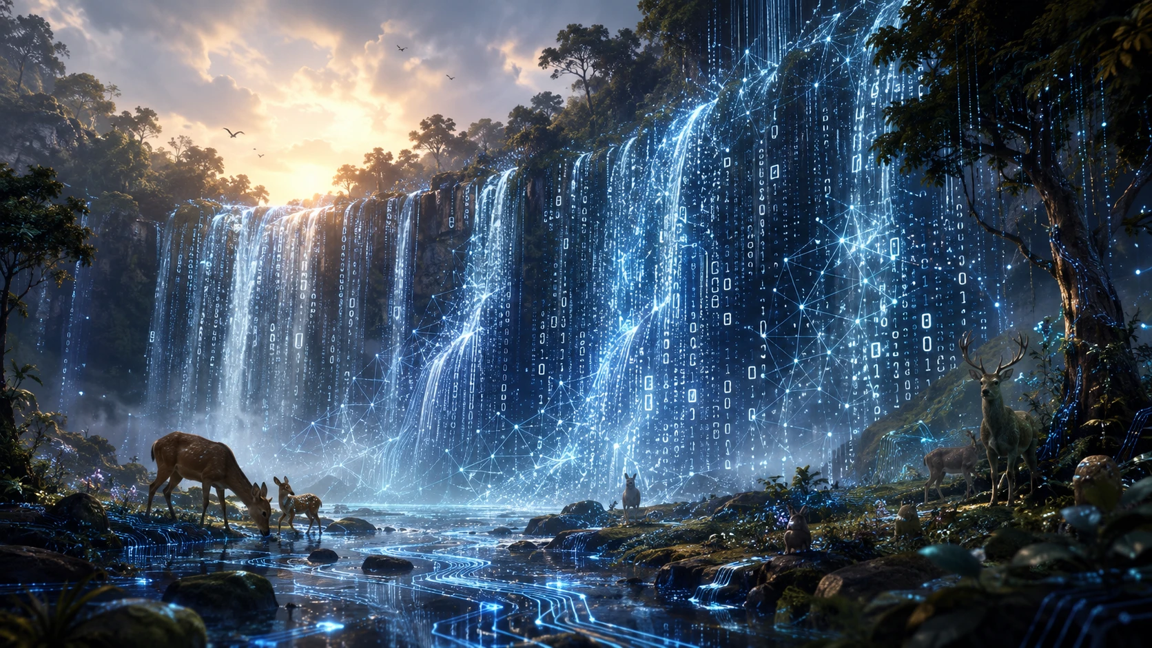Cascata digitale surreale di connessioni neurali nella natura