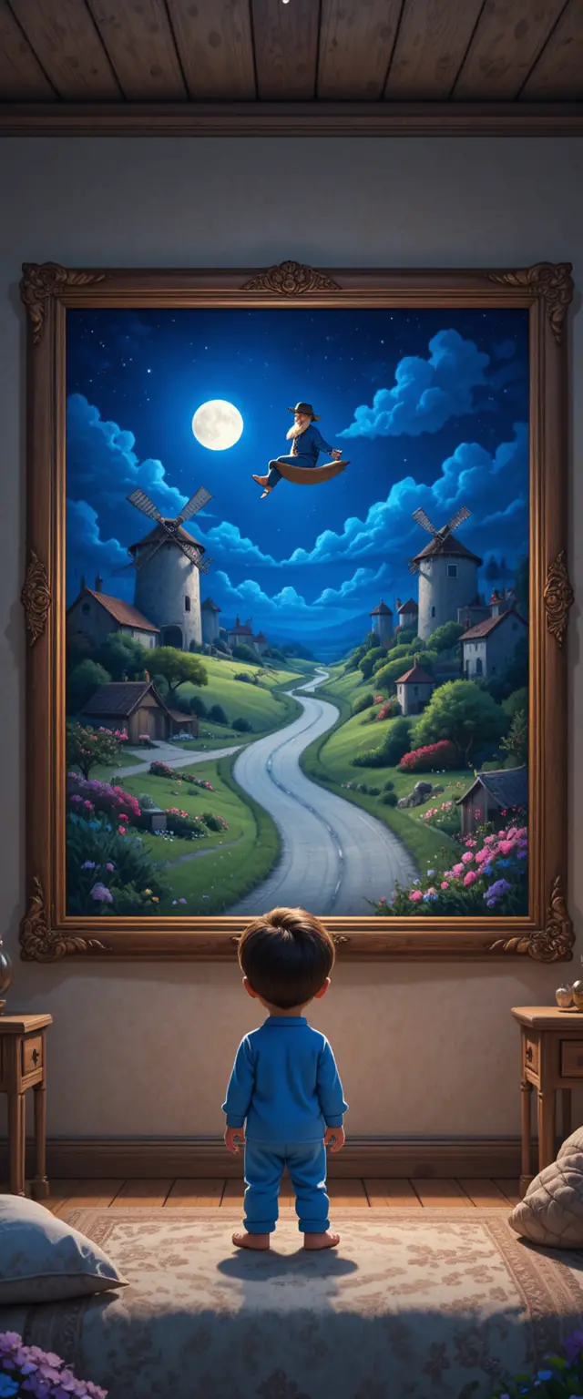 Bambino in pigiama davanti a un magico quadro al chiaro di luna