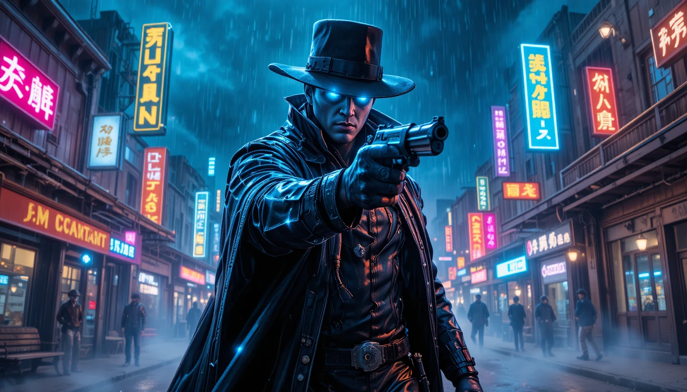 Pistoleiro vigilante cyberpunk em rua oeste banhada em neon