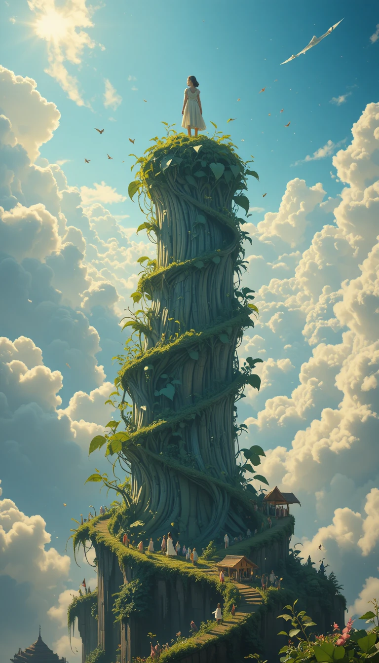 Géante fille d’anime au sommet d’un gigantesque haricot magique au-dessus des nuages