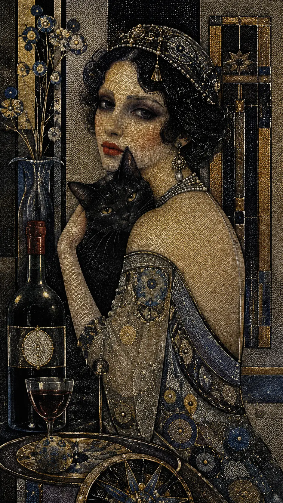 Mysterious woman with dark cat in pointillist art deco room