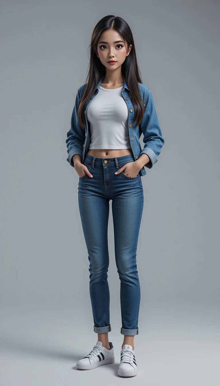 Mulher estilizada em look jeans com pose confiante de corpo inteiro